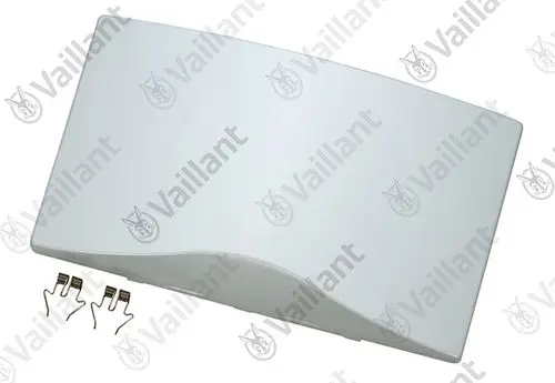Vaillant Abdeckplatte in leichter, gerundeter Form. Dazu zwei Metallclips. Teil eines Heizungs- oder Klimagerätes.